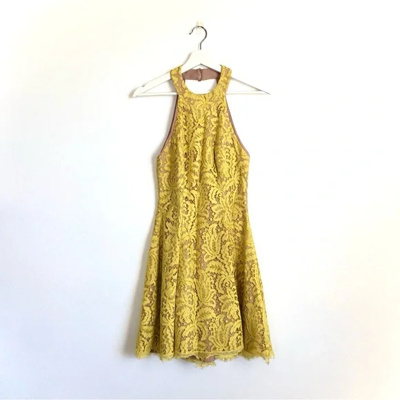 Dress the Population | Dresses | Dress The Population Yellow Metallic Lace  Halter Neck Dress Size Small | Poshmark